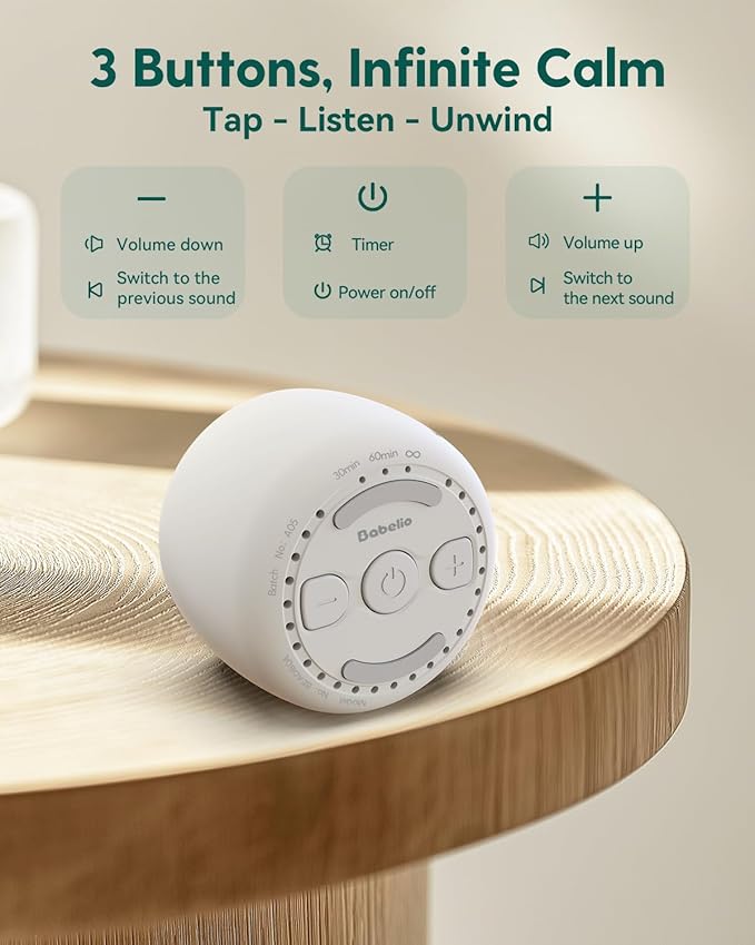 Babelio White Noise Sound Machine for Adults Kids Baby, Mini, 15 Non-looping Sounds, Timer, Memory Function, Easy to Pocket and Travel White