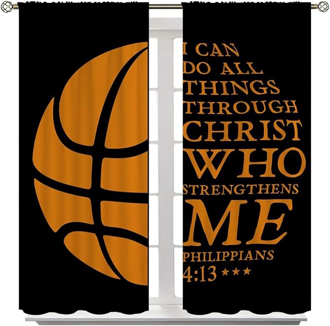 Basketball Blackout Curtains for Boy Girl Room Darkening Decor,Sport Theme and Motto Dark Background Bedroom Living Room Home Rod Pocket Thermal Insulated Window Curtain/Drapes Panel,42x63 Inch…