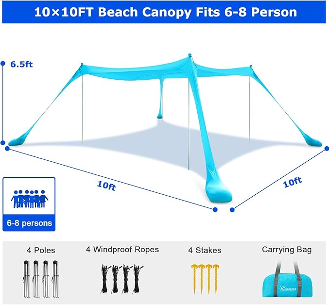 COMMOUDS Beach Tent Sun Shelter - UPF50+ Pop Up Beach Canopy with Sandbags & Sand Shovel & Windproof Poles, Portable Sun Shade for Beach, Camping, Picnics, Backyard