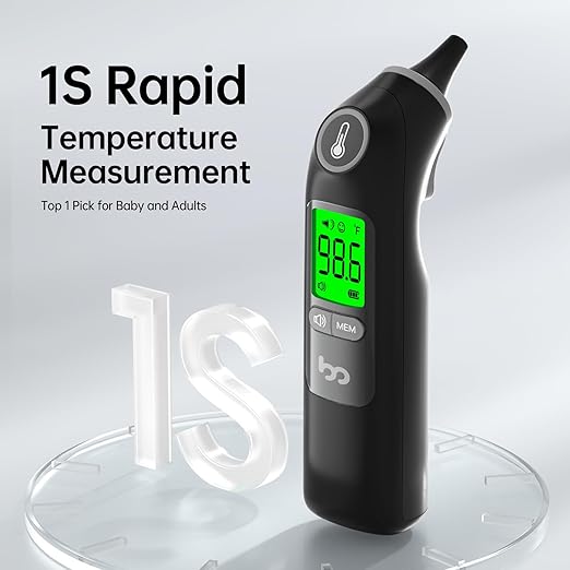 Ear Thermometer, Highly Accurate Ear Thermometer for Kids, Adults and Babies, 30 Memory Recall, 1s Result and 3-Color Fever Alert, with 24 Disposable Probe Covers, Black
