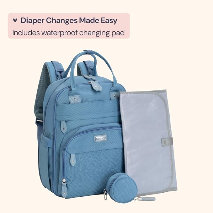 BabbleRoo Diaper Bag Backpack - Baby Essentials Travel Tote - Multi function Waterproof Diaper Bag, Travel Essentials Baby Bag with Changing Pad, Stroller Straps & Pacifier Case - Unisex, Light Blue