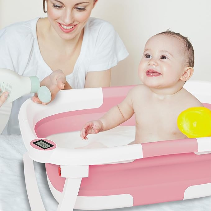 Collapsible Baby Bathtub,Baby Bath Tub with Soft Cushion & Thermometer,Baby Bathtub Newborn to Toddler 0-36 Months,Portable Travel Baby Tub