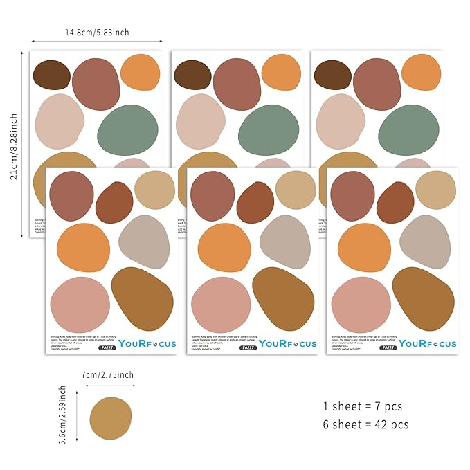 Boho Polka Dot Wall Decals 42 PCS, Boho Wall Sticker for Girls Room Living and Playroom Nursery, Removable Wall Decals Kids Room Decor Vinyl Murals DIY Cute Decorations (6 Sheets)