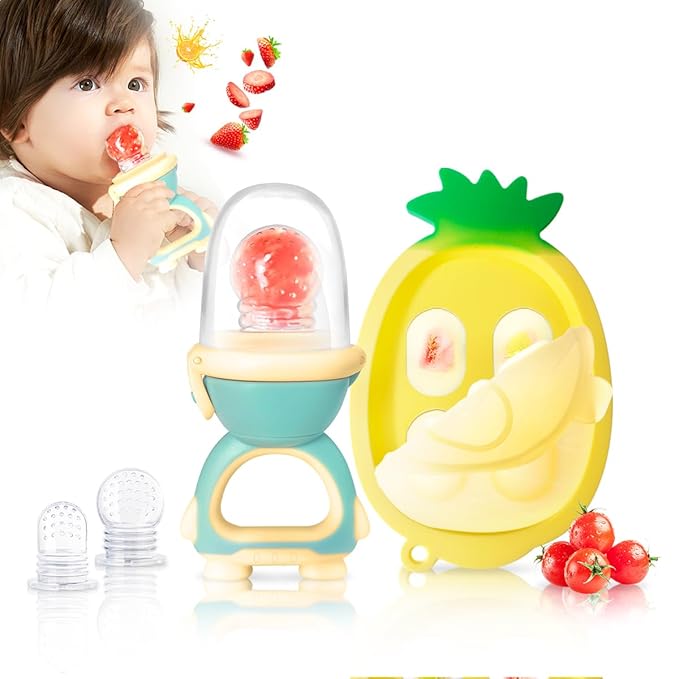 Baby Fruit Food Feeder - Silicone Nibble Tray Combo - Breastmilk Popsicle Mold for Cooling Relief, BPA Free Mesh Feeder for Infant Self Feeding (Robot Green + Pineapple)