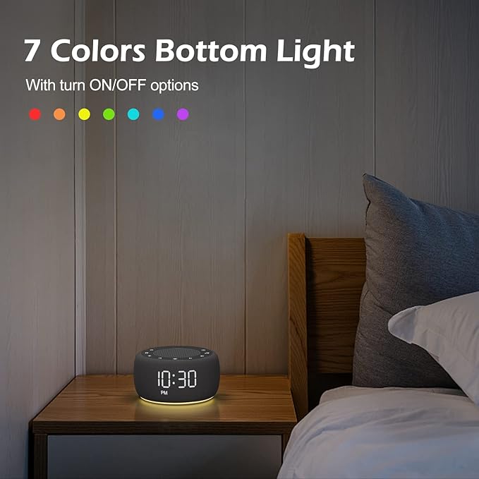Buffbee Sound Machine & Alarm Clock 2-in-1, 0-100% Clock Face Brightness, Bottom Colored Light, Sleep Timer, Precise 30-Level Volume Control White Noise Machine