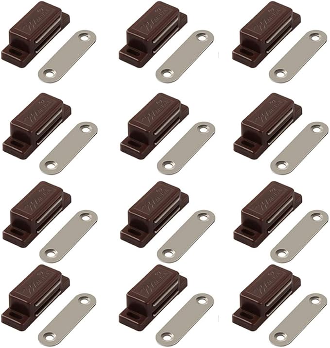 Cabinet Magnet Latch - Best for Cabinet Doors, Cupboards, Drawers and Shutters - Cabinet Magnetic Latch Easy Install - Magnetic Cabinet Catch Screws Included - Set of 12（Brown）