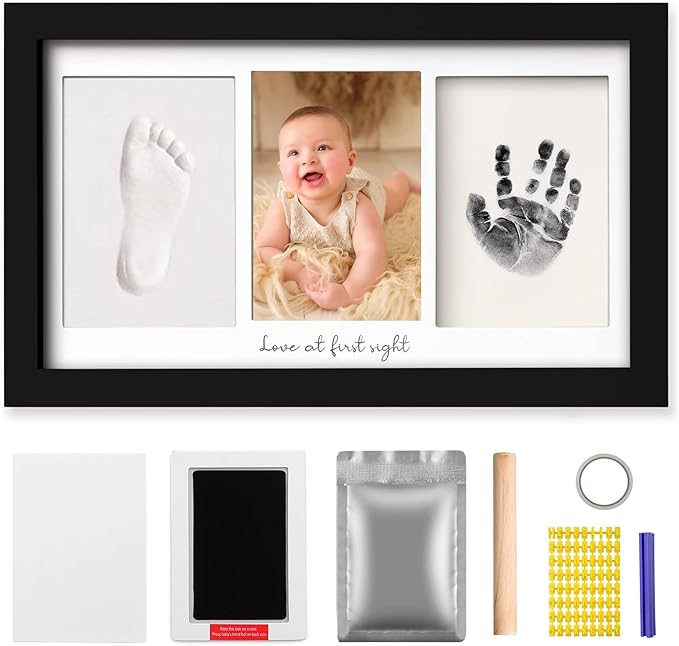 Baby Hand and Footprint Kit Keepsake Nursery Decor Picture Frame for New Mom Baby Boys Girls Shower Gifts Personalized Inkless & Clay Handprint Newborn Essentials Must Haves (Black)
