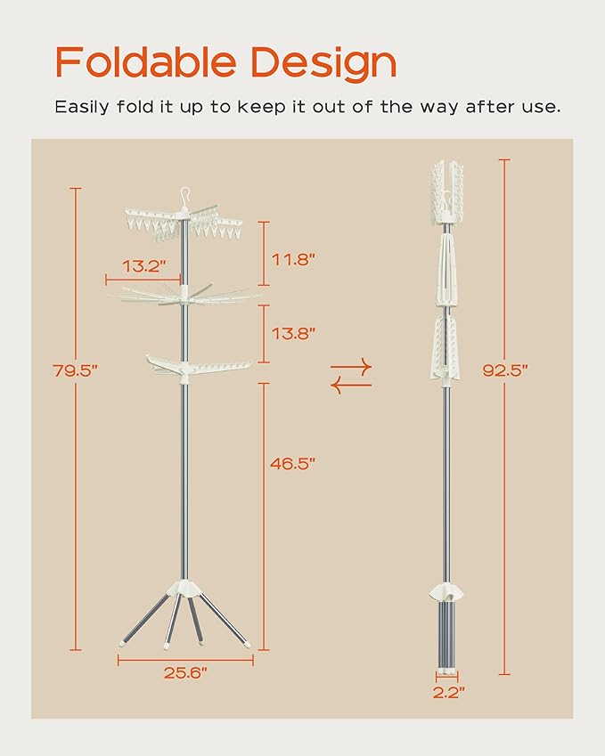 Clothes Drying Rack Foldable, 79.5 inch 3 Tier Laundry Drying Rack with Rotating Clothes Rail for 27 Pieces of Clothes and 24 Clips for Hanging Socks,Space Saving, White and Silver CDR003W01