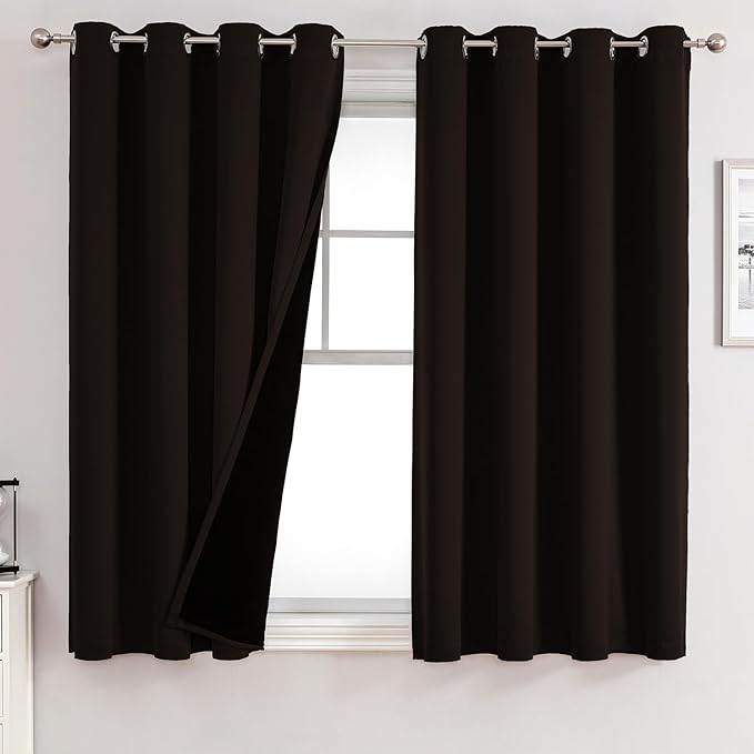 ChrisDowa 100% Blackout Curtains for Bedroom with Black Liner, 2 Thick Layers Total Blackout Thermal Insulated Grommet Window Curtains 2 Panels Set (Brown, 52 x 45 Inch)
