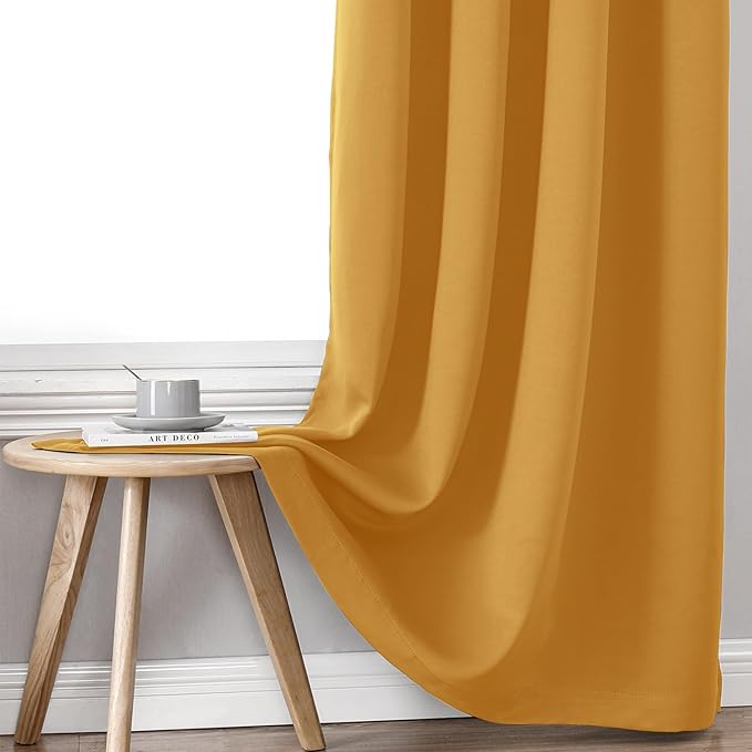ChrisDowa 100% Blackout Curtains for Bedroom with Black Liner, 2 Thick Layers Total Blackout Thermal Insulated Grommet Window Curtains 2 Panels Set (Mustard Yellow, 42 x 84 Inch)