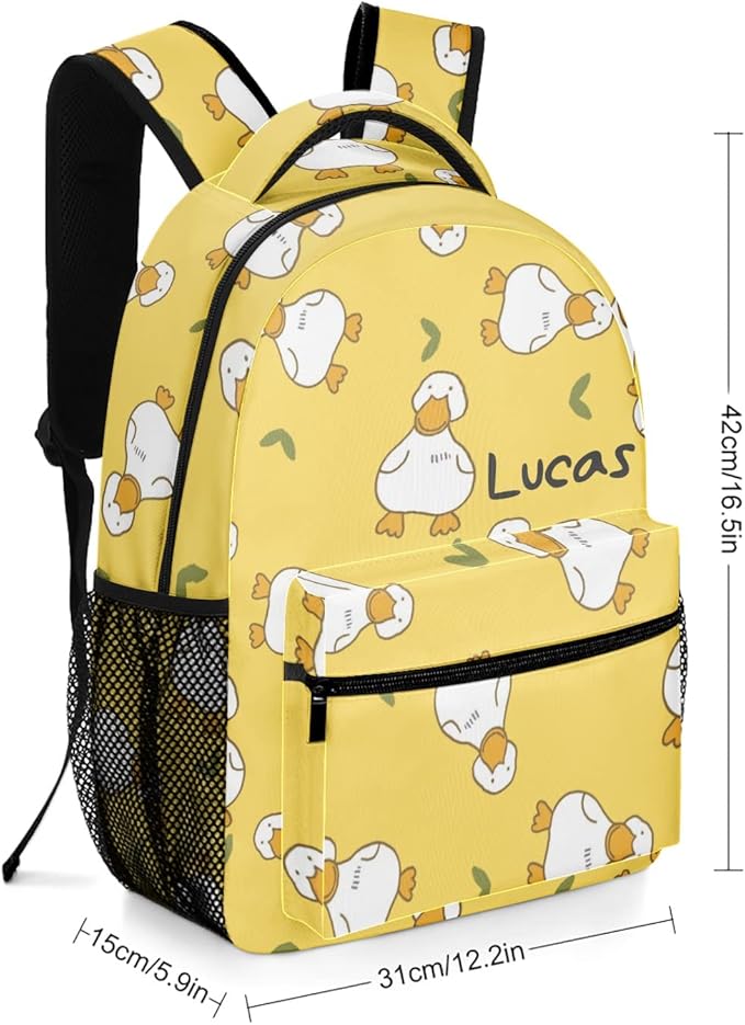Cartoon Duck Yellow Custom Kids Backpack 16.5 Inch for Boy Girl, Personalized Waterproof Child School Travel Bag with Name, 16.5’’ X 12.2’’ X 5.9’’