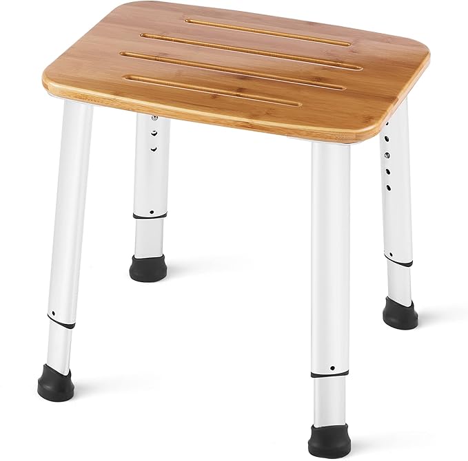 Bathroom Shower Bench Bath Stool Bathtub Seat Spa Chair Foot Rest Step, Height Adjustable Lightweight Waterproof and Rustproof, Bamboo