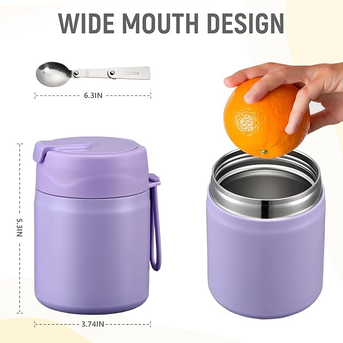 17oz Soup Thermo for Hot Food Kids Insulated Vacuum Food Jar with Stainless Steel Spoon Wide Mouth Thermo Leakproof Lunch Food Container Kids Hot Lunch Box (Purple)