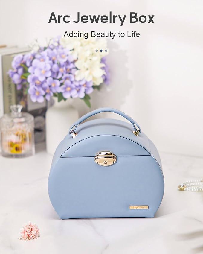 Homde Girls Jewelry Box Jewelry Storage Case Organizer Faux Leather with Mirror for Rings, Earrings, Bracelets, Necklaces (Grey Blue)