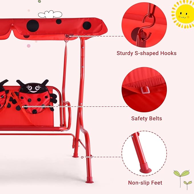 GLACER Porch Swing, Kids Patio Hammock w/Adjustable Canopy & Stand, Safety Belt, 2 Seats Outdoor Swing Bench, Metal Frame Hanging Lounge Chair, Swing Sets for Backyard, Garden, Poolside (Red Ladybug)