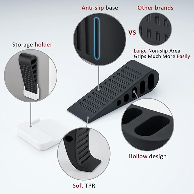 JQK Rubber Door Stopper Wedge, Black 6 Pack Soft TPR Premium Door Stops for Bottom of Heavy Duty Door on Tile, Concrete, Carpet, Wooden Floor, DSB61-BK-P6