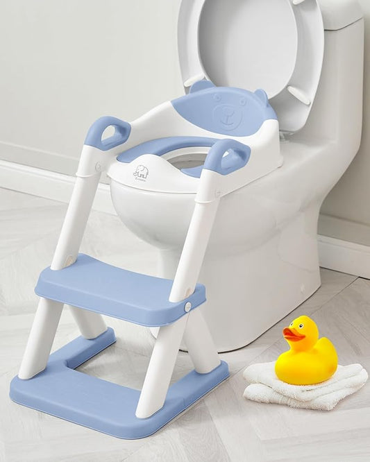Forbena Boys Potty Training Seat with Step Stool Ladder, Toilet Potty Seat for Baby Boy Toddlers, Kids Chair Stairs with Handles and Soft Cushion (White and Blue)