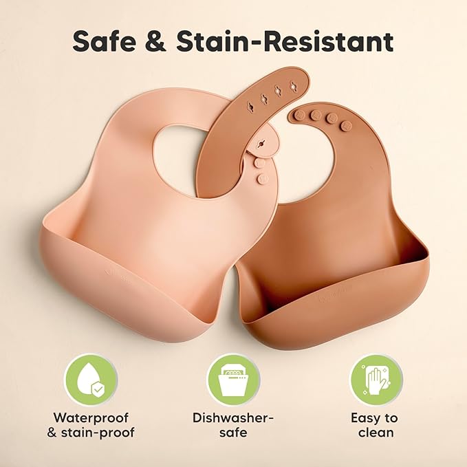KeaBabies 2-Pack Silicone Baby Bibs for Eating - Sturdy Food-Grade Silicone Bibs for Babies Girl, Boy, Large Food Catcher, Clean & Put On Easily, Waterproof Toddler Feeding Essentials (Dusk)