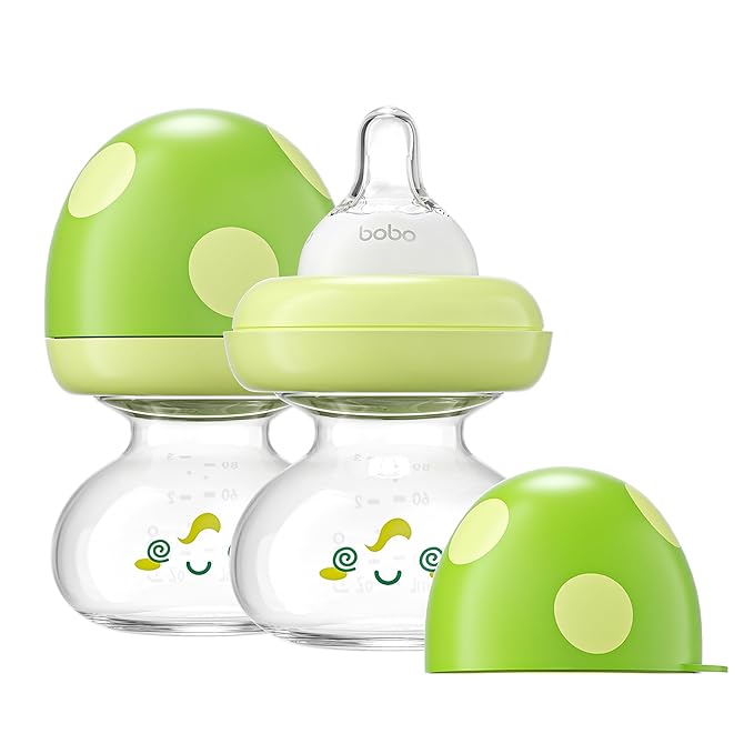 YOHKOH Newborn Glass Baby Bottles with Slow Flow Nipple for 0+ Months, Wide Neck Feeding Bottle, 2.7oz/80ml (Green, 2.7oz (Pack of 2))