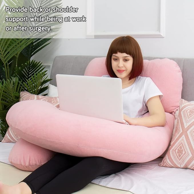 AS AWESLING 60in Full Body Pillow | Nursing, Maternity and Pregnancy Pillow | Extra Large U Shape Pillows with Detachable Side, Separate Support Pillow and Removable Cover Velvet (Light Pink)