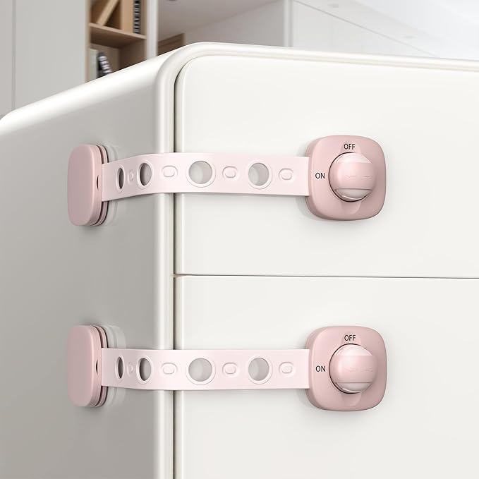 2 Pack Cabinet Locks/Refrigerator Locks Baby Proofing - Child Proof Locks for Drawer, Refrigerator, Fridge, Toilet Seat-No Screws or Tools Required (2 Pack-Pink Locks)