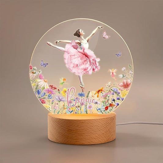 callie Acrylic Night Light Name Plate Personalized, Custom Cute Fox Deer Turtle Forest Animal with Wooden Base Bedroom Decor, Birthday Gifts Kid Gifts for Family (Beautiful Ballet Girl)