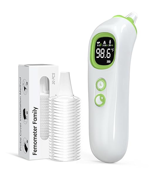 Ear Thermometer with Heated Probe, High Accuracy Thermometer for Kids, Adults and Babies with 32 Memory Recall, Mute and Night Light, Includes 21 Disposable Probe Covers, Storage Box,