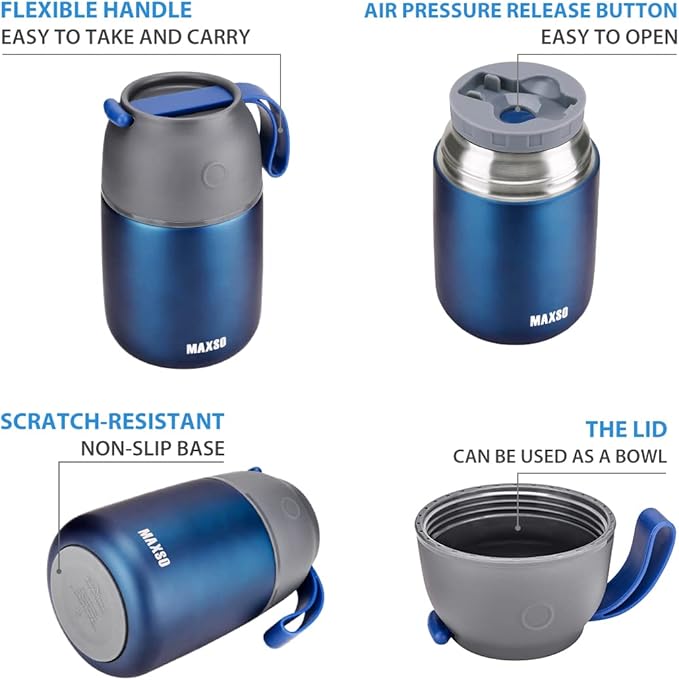 Insulated Thermo Food Jar for Hot & Cold Food for Kids Adult, 17&24 oz Soup Thermal Hot Food Containers for Lunch, Triple Layer Insulation Stainless Steel Food Jar with Spoon (2 Pack Blue)