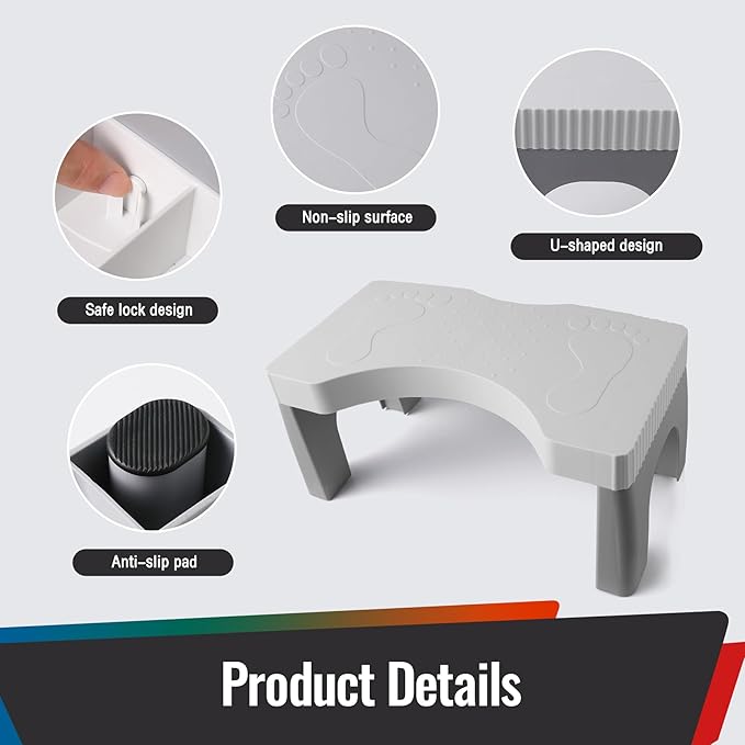 7” Toilet Potty Stool - Proper Posture Squatting Poop Step for Adults, Anti-Slip Lightweight Bathroom Potty Stools for Toilet, Stable & Durable Design, Easy to Clean (1, Grey)