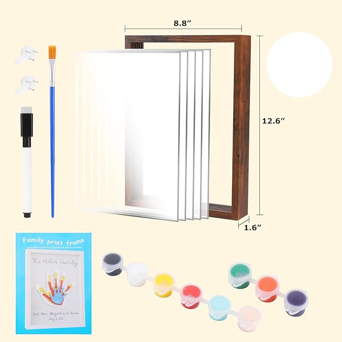 Family Handprint Kit,DIY Colorful Craft Keepsake Family Art Baby Newborn Hand and Footprint Wooden Frame for Home Decor Family Gifts Set(5 Sheets with 8 Colors) (White)
