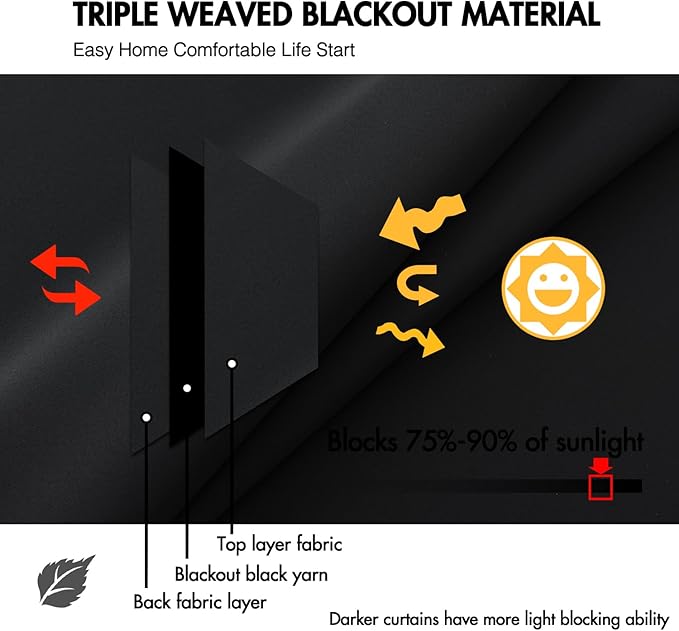 ANRODUO Back Tab Blackout Curtains for Bedroom Living Room, Rod Pocket Pinch Pleated Thermal Insulated Room Darkening Curtains 108 Inches Long 2 Panels, Black, 52 x 108 Inch