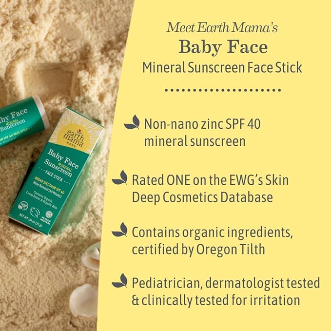 Earth Mama Baby Face Mineral Sunscreen Stick SPF 40 | Non-Nano Zinc, Natural Water Resistant Sun Cream for Babies, Kids & Adults 0.74-Ounce, 3-Pack