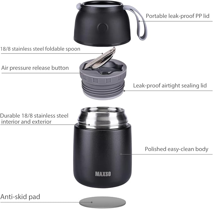 Insulated Thermo Food Jar for Hot & Cold Food for Kids Adult, 17 oz Soup Thermal Hot Food Containers for Lunch, Triple Layer Insulation Stainless Steel Food Jar with Spoon (Black)