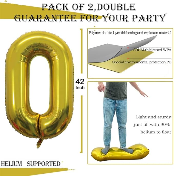 GOER 2 Pcs 42 Inch Gold Foil Balloons Number 0 for 10th 20th 30th 40th 50th 60th 70th 80th 90th 100th Birthday Party Supplies Anniversary Decorations