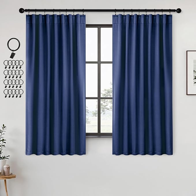ANRODUO Back Tab Blackout Curtains for Bedroom Living Room, Rod Pocket Pinch Pleated Thermal Insulated Room Darkening Curtains 72 Inches Long 2 Panels, Navy Blue, 42 x 72 Inch