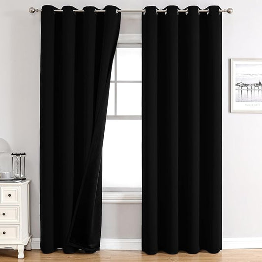 ChrisDowa 100% Blackout Curtains 108 inch Long for Bedroom with Black Liner, 2 Thick Layers Total Blackout Thermal Insulated Grommet Window Curtains 2 Panels Set (Black, 52 x 108 Inch)