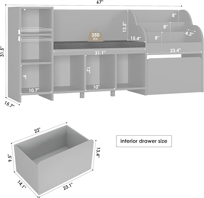 HOSTACK 67" Kids Reading Nook with Bench, Kids Bookshelf and Bookcase with Seat Cushion and 6 Storage Cubbies, Toy Storage Box on Wheels, Toy Chest for Playroom, Bedroom, School, Grey