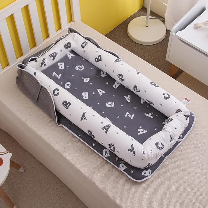 Baby Lounger for Newborn Portable Bag,Baby Nest Play Gym mat with Strap,Newborn Lounger Adjustable Size & Inner Zipper Lengthen Space to 24 Months(Letter Gray)