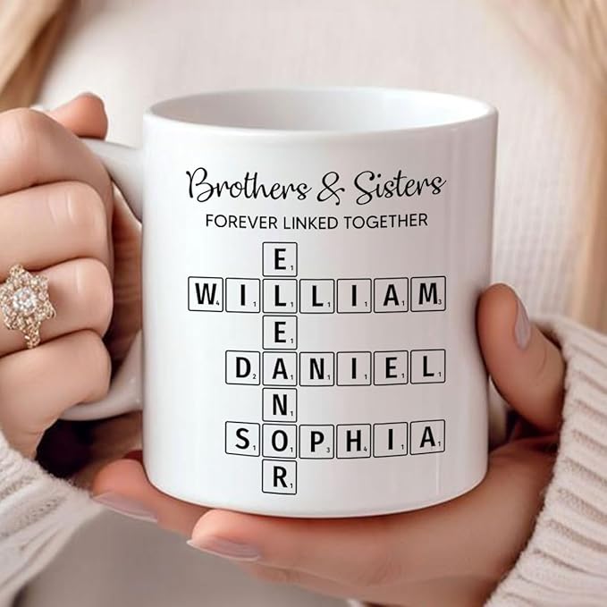 Family Forever Linked Together Custom Names Ceramic Mug, Crossword Puzzle Art, for Birthday, Anniversary or Special Occasions (Brothers & Sisters Forever Linked Together White Mug Ver 1)