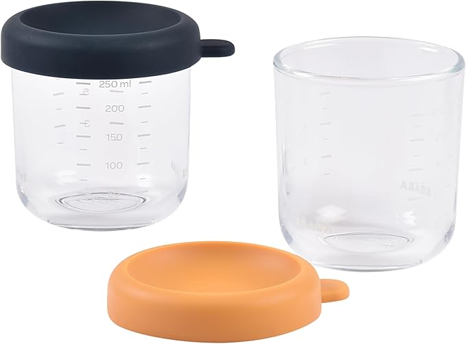 BEABA 2 Pack Glass Baby Food Jars with Soft Silicone Air Tight Lids, 8 oz Glass Storage Containers with Lids, Microwave and Freezer Safe Containers, Midnight