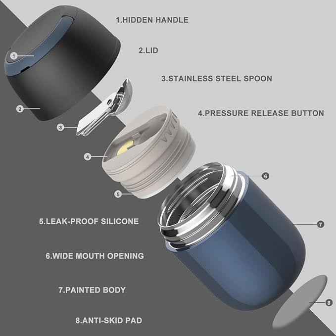 17 oz Insulated Lunch Containers, Blue, Vacuum Stainless Steel Thermo Lunch Box with Handle and Folding Spoon for School, Office, Travel