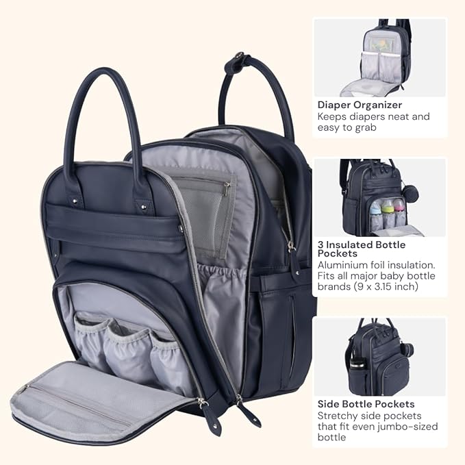 BabbleRoo Leather Diaper Bag Backpack - Baby Essentials Travel Baby Bag, Multi function, with Changing Pad, Stroller Straps & Pacifier Case – Unisex, Midnight Blue