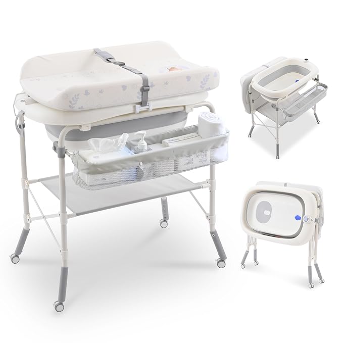2-in-1 Baby Bathtub with Changing Table, Foldable Diaper Changing Station with 4 Wheels, Waterproof Pad, Storage Rack and Baby Bath Tub, Adjustable Height Portable Nursery Organizer for Newborn Infant