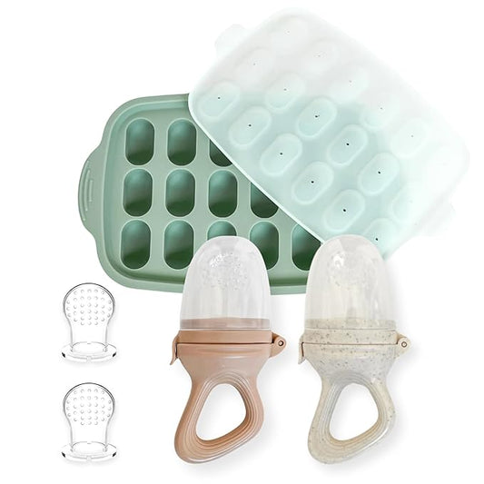Hippypotamus Baby Food Feeder & Freezer Tray - Silicone Fruit Feeder - Pacifier Teething Toys - 2 Extra Pouches - Set of 2