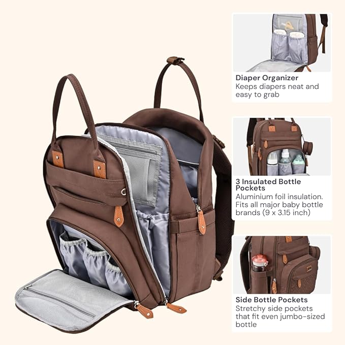 BabbleRoo Diaper Bag Backpack - Baby Essentials Travel Tote - Multi Function Waterproof Diaper Bag, Travel Essentials Baby Bag with Changing Pad, Stroller Straps & Pacifier Case - Unisex, Brown