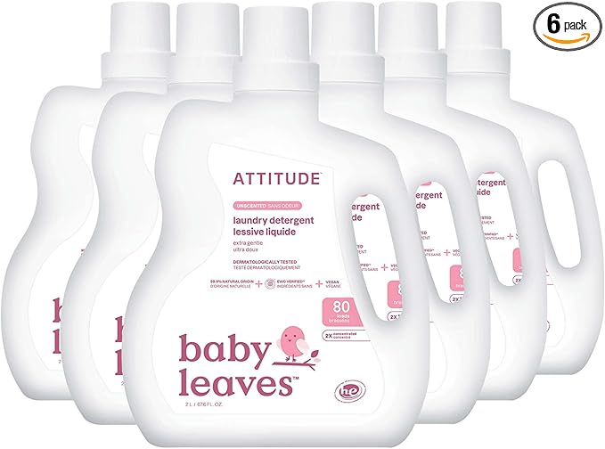 ATTITUDE Baby Laundry Detergent, EWG Verified, Plant and Mineral-Based Formula, HE Compatible, Vegan Household Products, Unscented, 80 Loads, 67.6 Fl Oz (Pack of 6)