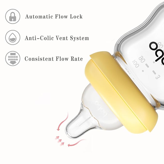 YOHKOH Natural Glass Baby Bottle with Natural Response Nipple, Newborn Anti-Colic Baby Bottles, Wide Neck Mushroom Cap Baby Bottle, Clear (Yellow-A, 3.4oz (Pack of 4))