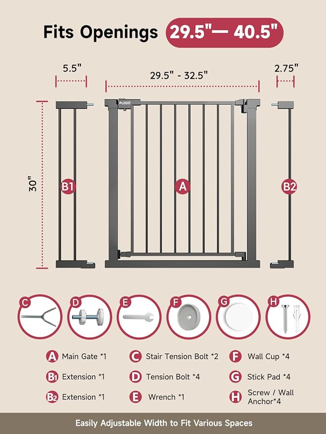29.5-40.5" Baby Gate for Stairs, Dog Gate for Doorways, Walk Thru Auto Close Metal Baby Safety Gate for The House, Stairs and Doorways, Child Gate Pressure Mounted, Pet Gate for Dog Indoor - Black