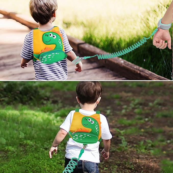 Accmor Toddler Harness Leash with Anti Lost Wrist Link, Cute Dinosaur Kids Harnesses with Wristband Bracelet Leashes Strap Tether for Baby Boys Walking (Yellow)
