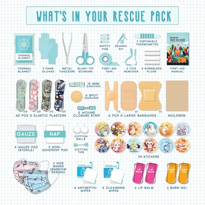 EVERLIT Care Rescue Pack | Family-Friendly First Aid Kit for Kids with 200 Pcs Medical Supplies | Travel-Friendly Compact Storage Bag for Home, Car, Travel, Camping, Adventure (Christmas)